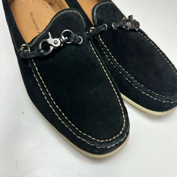John Varvatos Black Suede Leather Metal Detail Boat Moccasins Loafers 10.5 NWOT